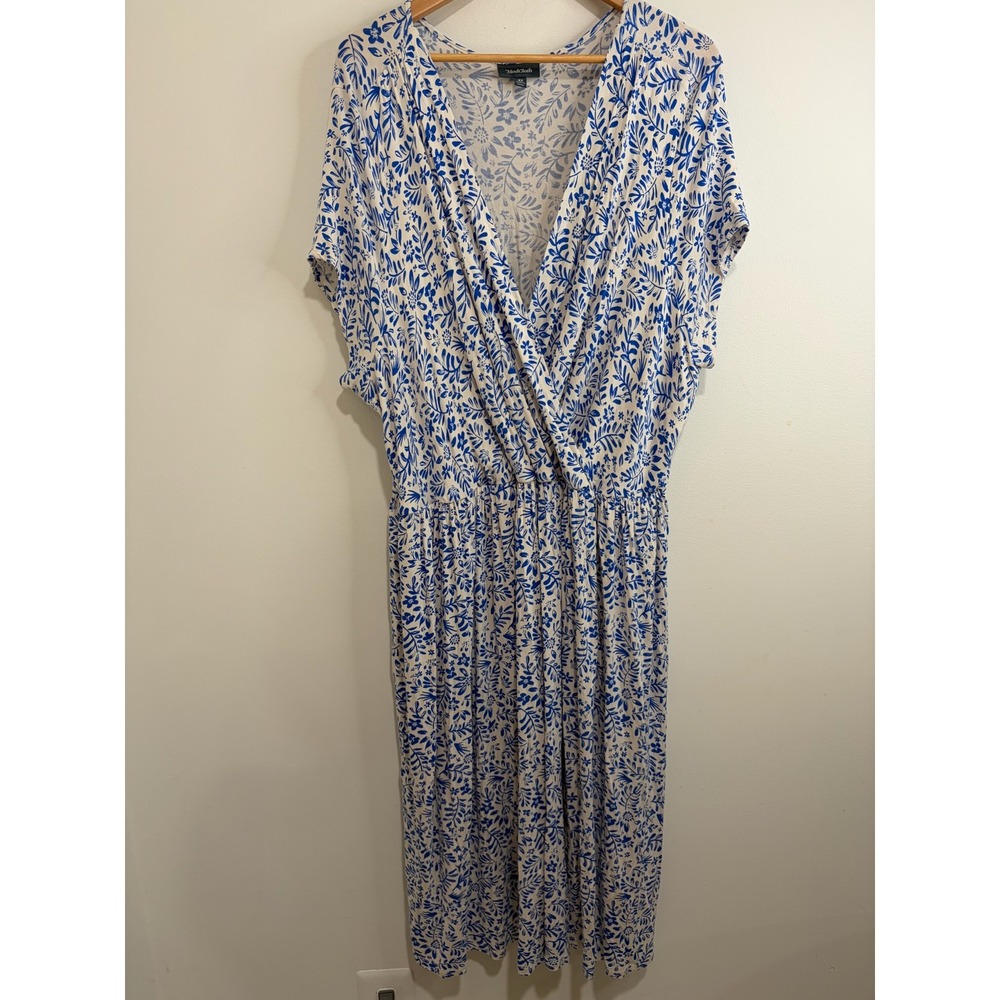 ModCloth Blue White Floral Surplice V-Neck Midi Dress Plus Size 4X Jersey Knit
